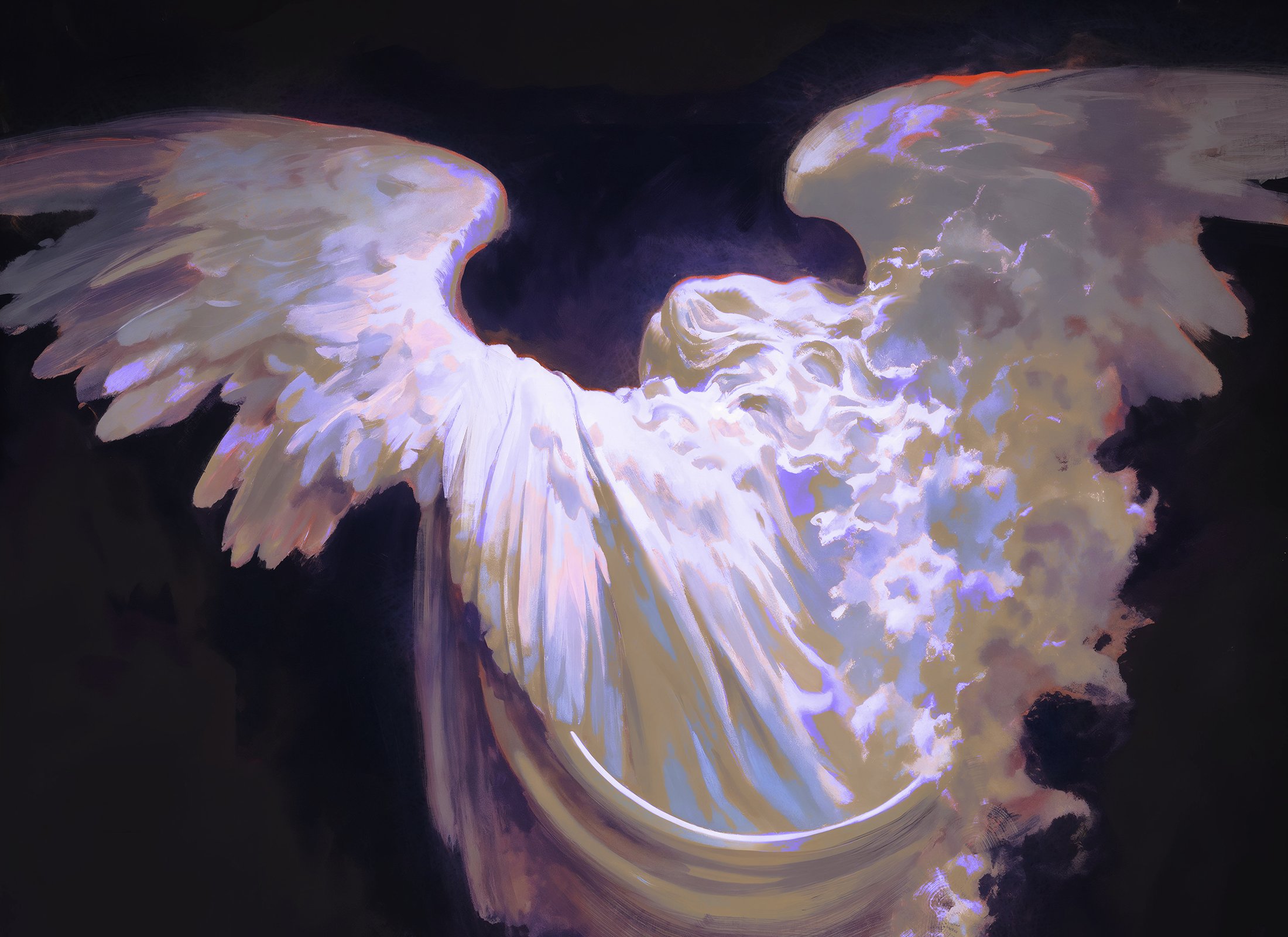a closeup painting of a majestic, ethereal angel with large, feathery wings. the angel is bathed in a soft, ethereal light, with a hint of purple and blue hues. the wings are detailed and expressive, creating a sense of movement and power. the painting has a mystical and spiritual feel.
