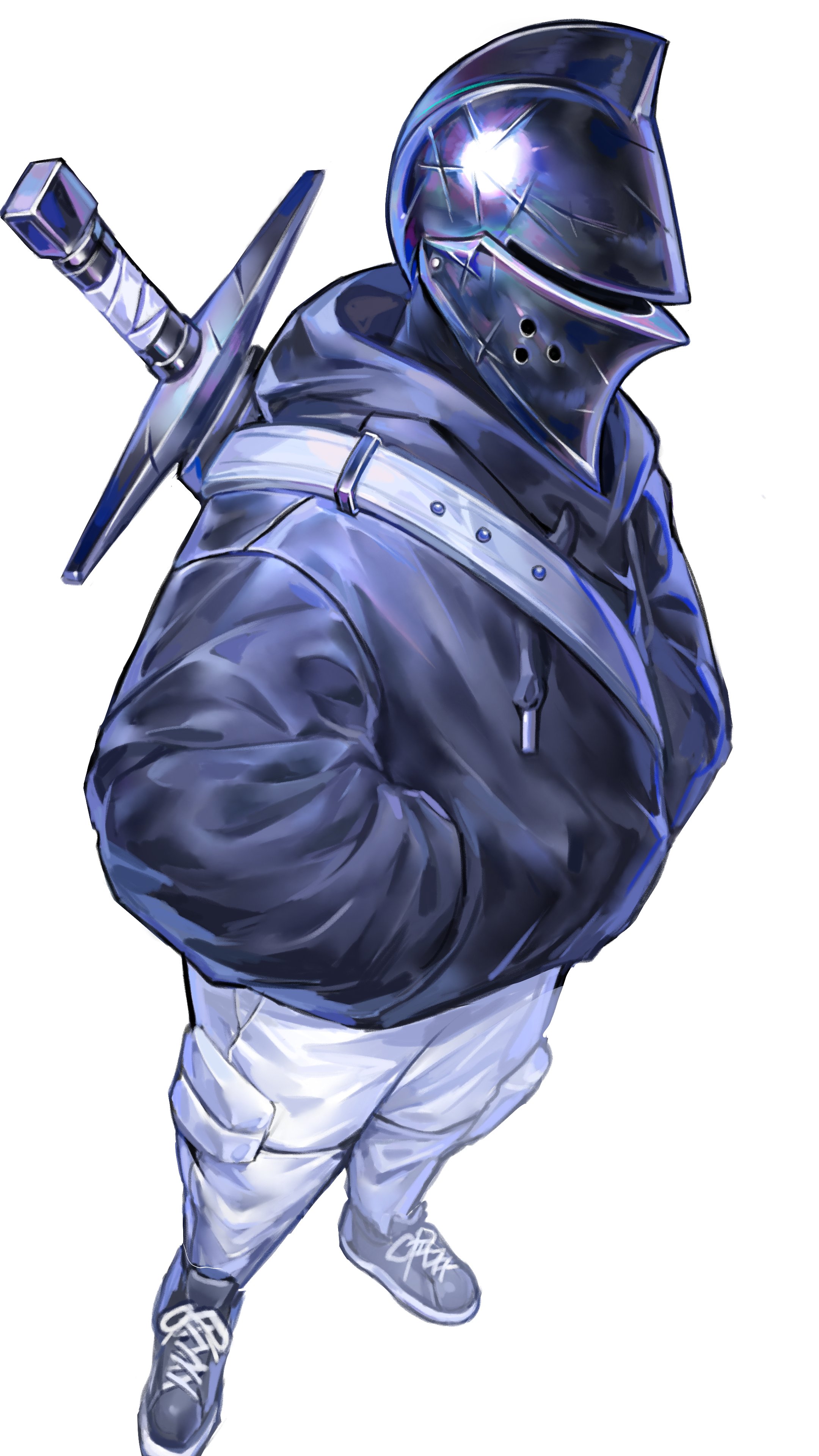 a digital illustration of a knight in shining armor with a modern streetwear twist. they're wearing a dark hoodie and white pants, with a large sword strapped to their back. their helmet completely obscures their face. the style is animeinfluenced.