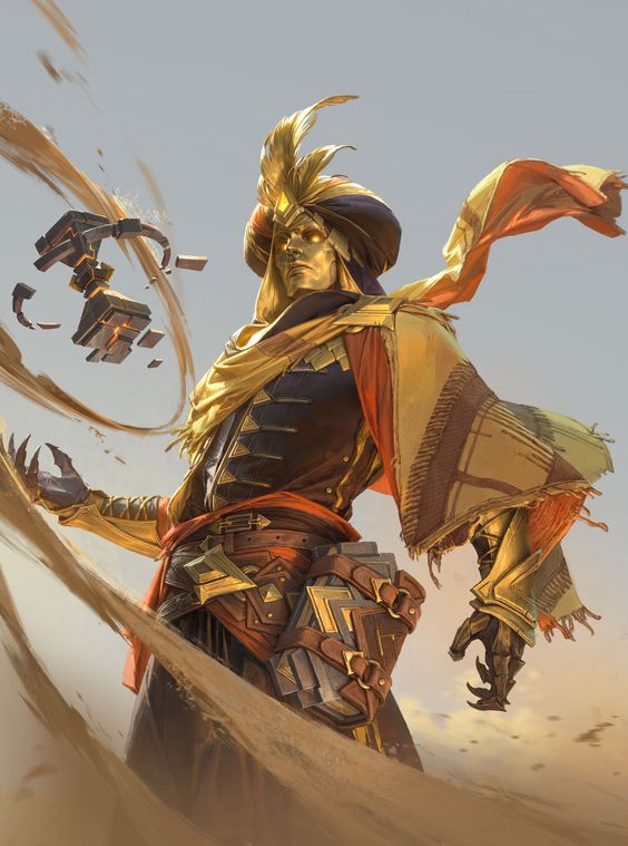 the image depicts a man, seemingly a mage, commanding the sand in a desert environment. he is clad in ornate gold and brown attire, adorned with a feathered turban. his hands, one organic and the other mechanical, manipulate swirling sand, fragments of which appear to be transforming into golden cubes. the sun bathes the scene in a warm light, highlighting the rich textures of his clothing and the dynamic movement of the sand. the low angle perspective emphasizes his imposing stature and control over his powers.