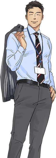 a young asian man in a white dress shirt and gray slacks stands confidently with a suit jacket slung over his shoulder. he wears a blue and red striped tie and an id badge.  his expression is pleasant and approachable.