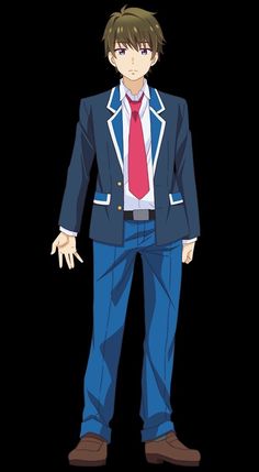 a young man with short brown hair and purple eyes is standing in front of a black background. he is wearing a blue blazer with white trim, a white shirt, a red tie, blue pants, and brown shoes. he has a neutral expression on his face and his right hand is slightly raised.