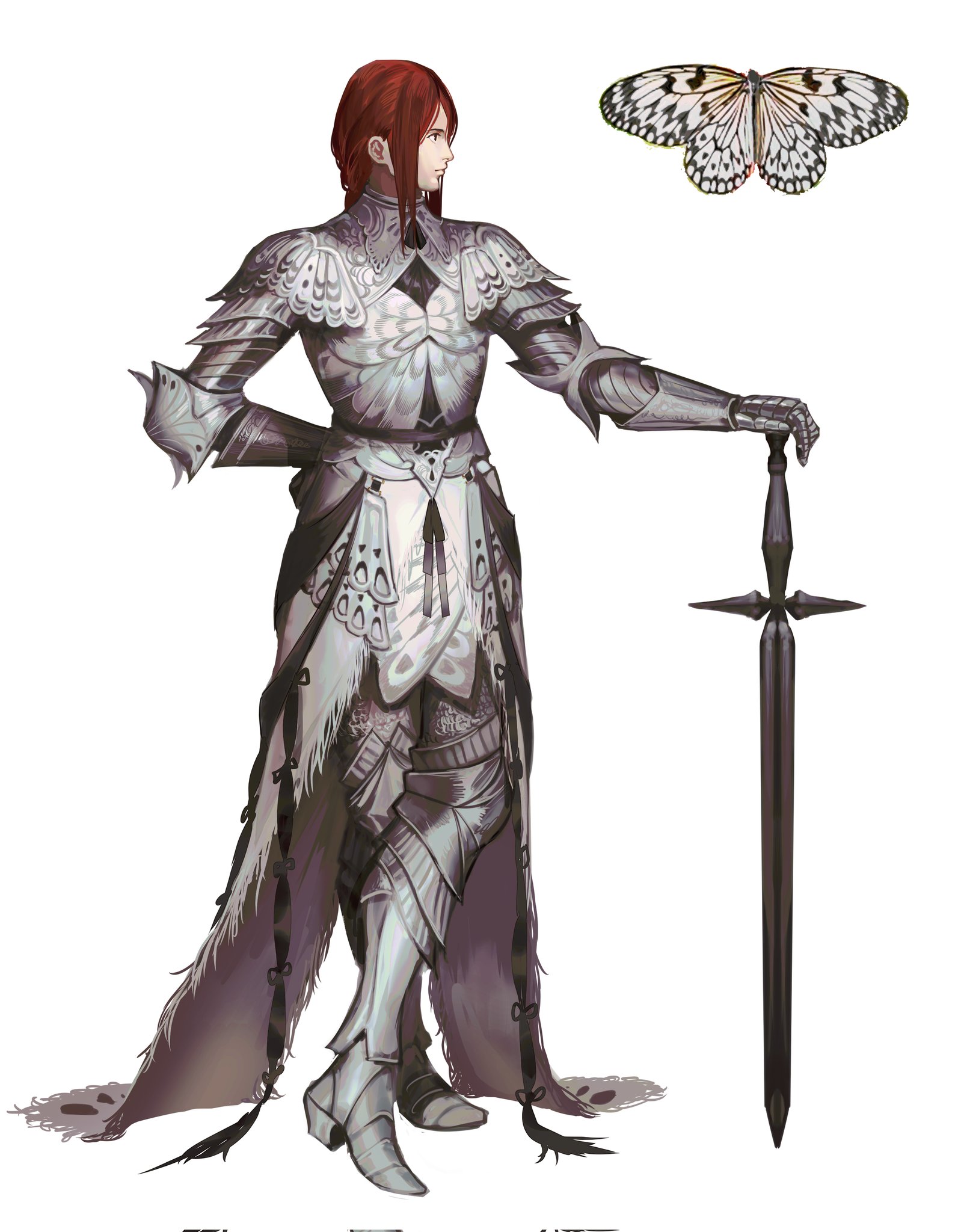 a digital illustration of a knight in ornate silver armor. the armor is adorned with a butterfly motif, and the knight holds a large sword. a reference image of a black and white butterfly is included next to the character. the style is reminiscent of fantasy illustrations and concept art.