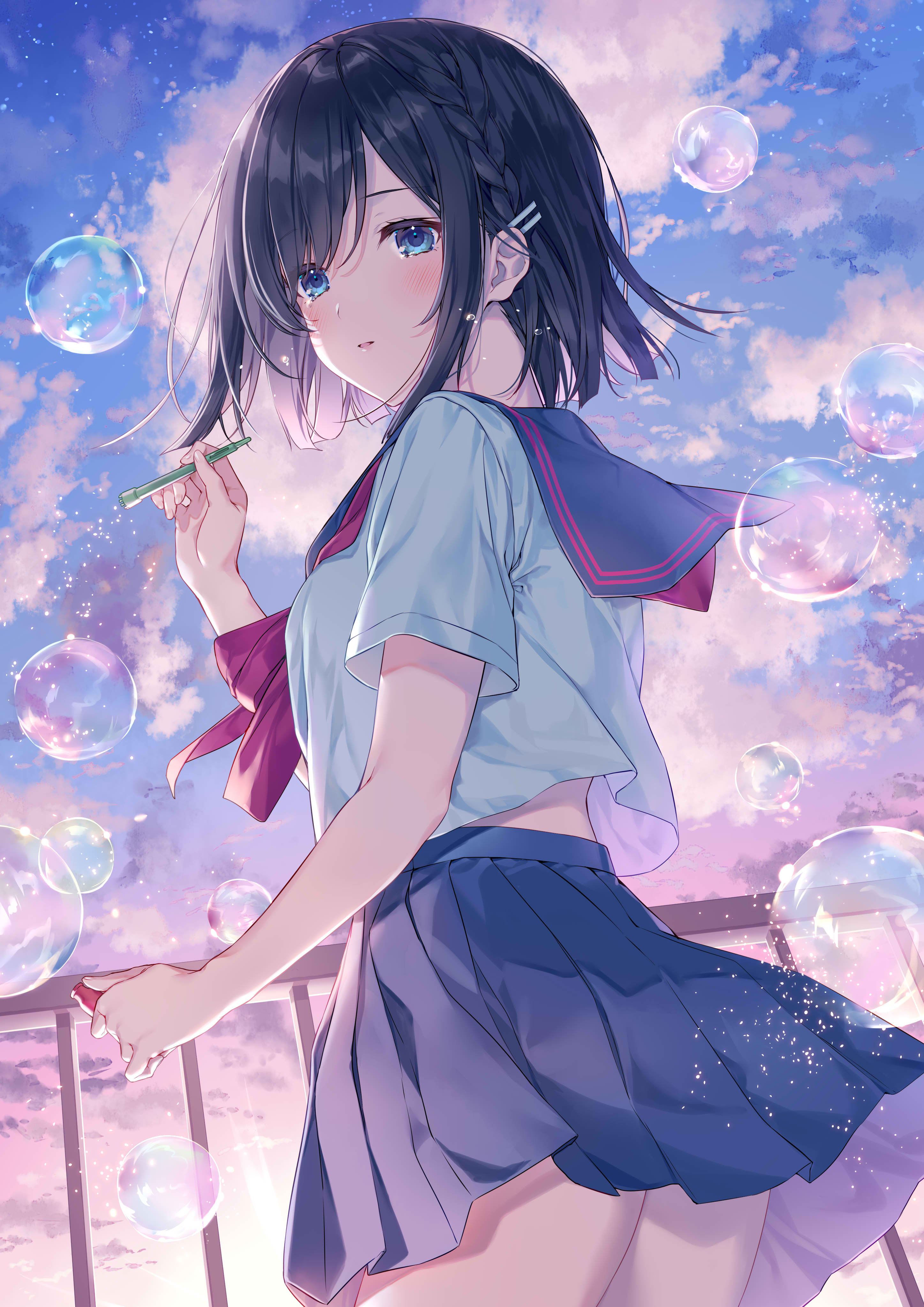 the image is a digital drawing of a cute anime schoolgirl with blue hair and blue eyes. she is wearing a sailor uniform and is standing on a balcony with a sunset sky in the background. there are many bubbles floating in the air around her. she looks peaceful and happy. the overall style is very cute and romantic.