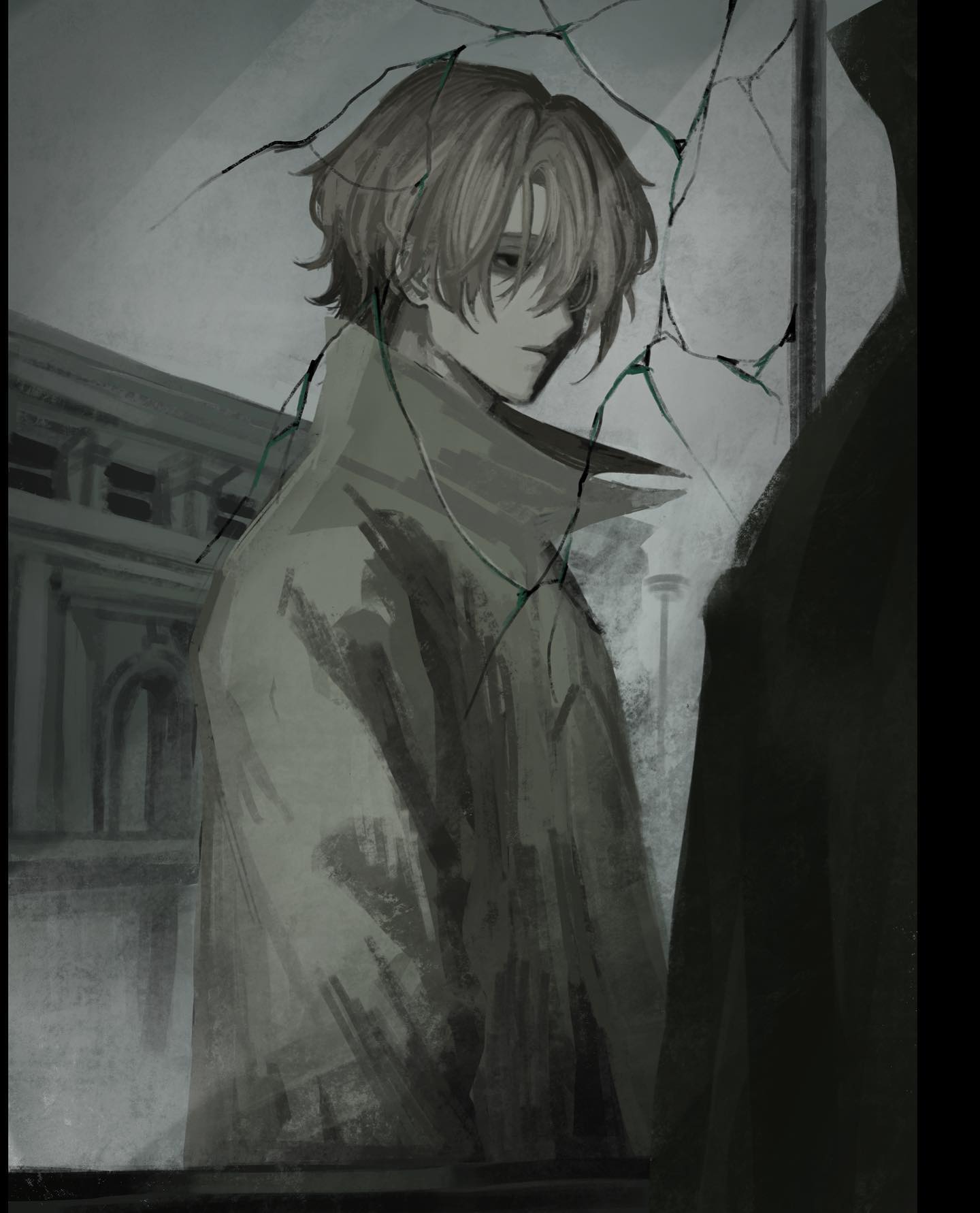 the image depicts a young man with short, light hair and a melancholic expression. he stands in an urban setting, wearing a dark trench coat. the background features a blurred building and a street lamp, creating a sense of depth. the overall tone is somber, with a limited palette of grays and greens, enhancing the atmosphere of loneliness and mystery. a shattered pane of glass frames the man, adding to the sense of unease.