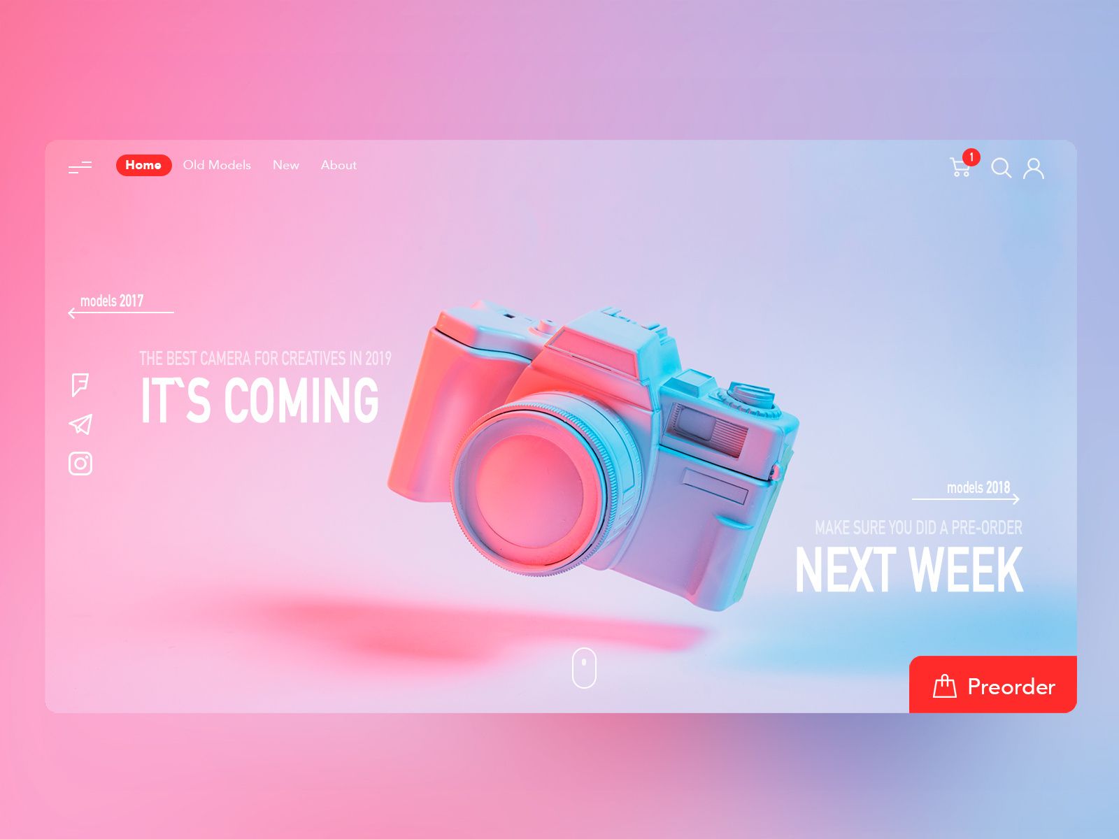 a website screenshot for a new camera release. the camera is in 3d with a neon pink light on it and the background of the website is blue with neon pink highlights. the words "it's coming" and "next week" are the main focus of the page, letting the viewer know that the product is being released next week and they can preorder.