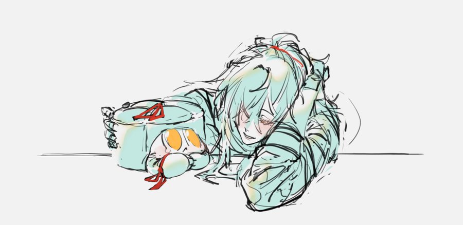 an anime drawing of a girl with long green hair  sleeping on the table with her arms wrapped around a smaller figure. they're both wearing pale turquoise clothes. the girl's hair is drawn in a loose style. the smaller figure's arms are around the girl's waist.  the two are smiling and appear to be close friends.