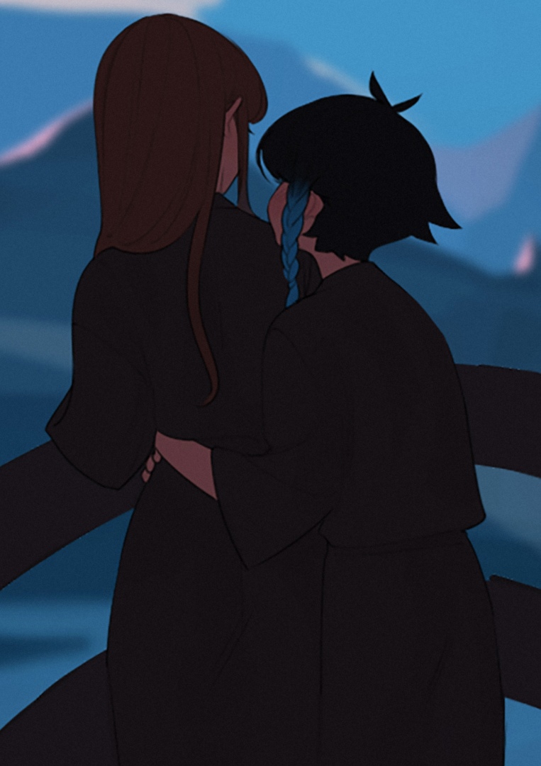 the image depicts two women embracing on a balcony or pier with a mountainous landscape in the background. the scene is bathed in the soft, diffused light of a sunset or twilight, creating a sense of intimacy and peace.  the women are seen from behind, their figures silhouetted against the dusky sky and their embrace conveying a deep sense of love, longing, and connection.