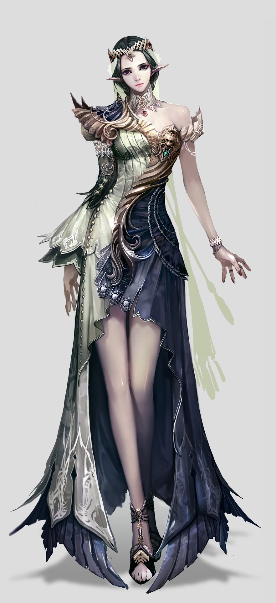 the image showcases a female elf adorned in an elaborate gown. the dress features a mix of dark blue and cream fabric, with intricate gold and silver detailing. she wears a crown and her attire suggests a regal status, possibly a queen or princess. the background is a plain light gray, keeping the focus on the character and her attire.  the lighting is soft and illuminates her from the front, highlighting the details of her clothing.