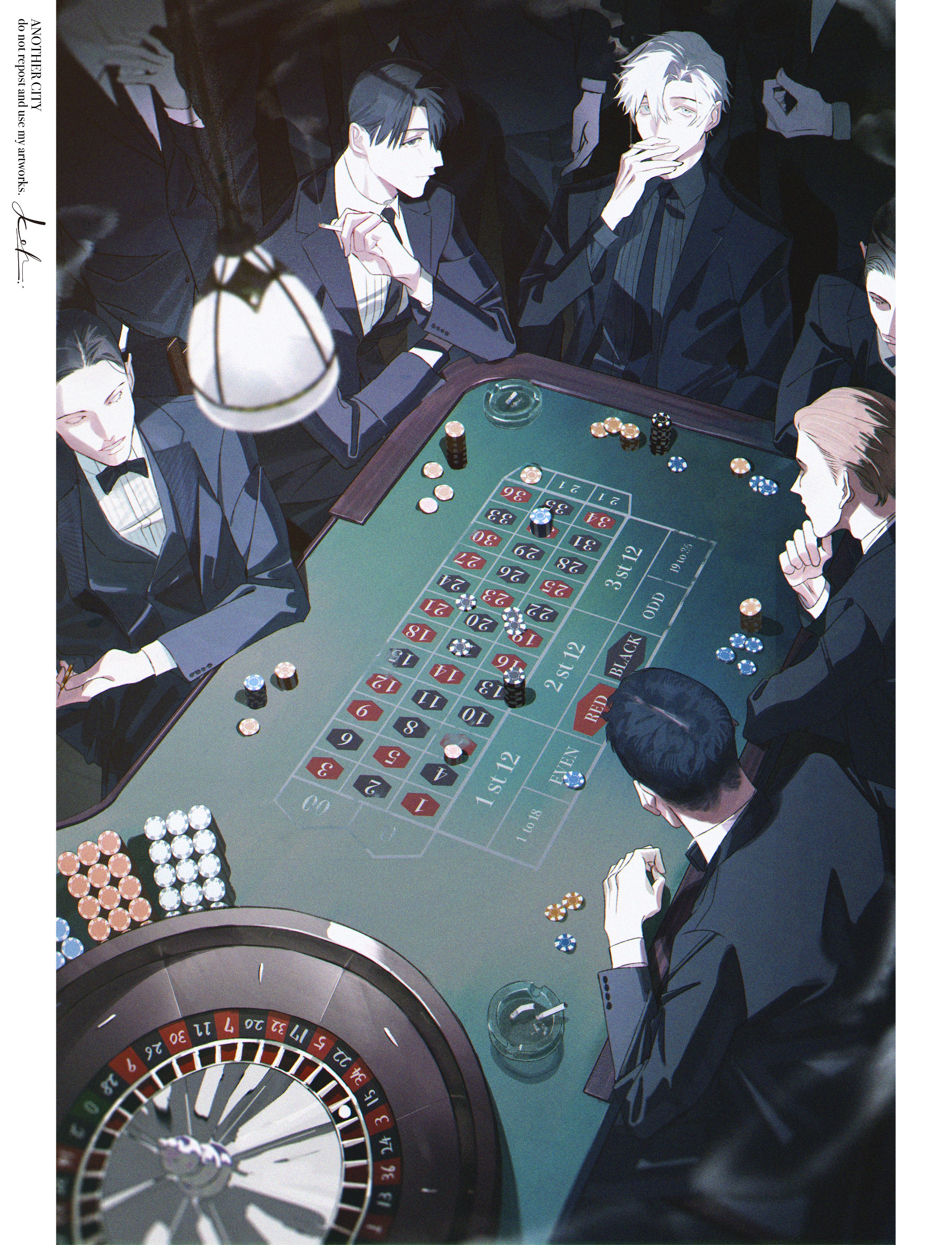 the image shows a group of welldressed men gathered around a casino table, engrossed in a game of cards. the scene is dimly lit, with the only sources of light being a lamp hanging above the table and some subtle lighting emanating from an unknown source. the perspective is from above, giving a bird'seye view of the game and the players. the overall atmosphere is one of secrecy and high stakes.