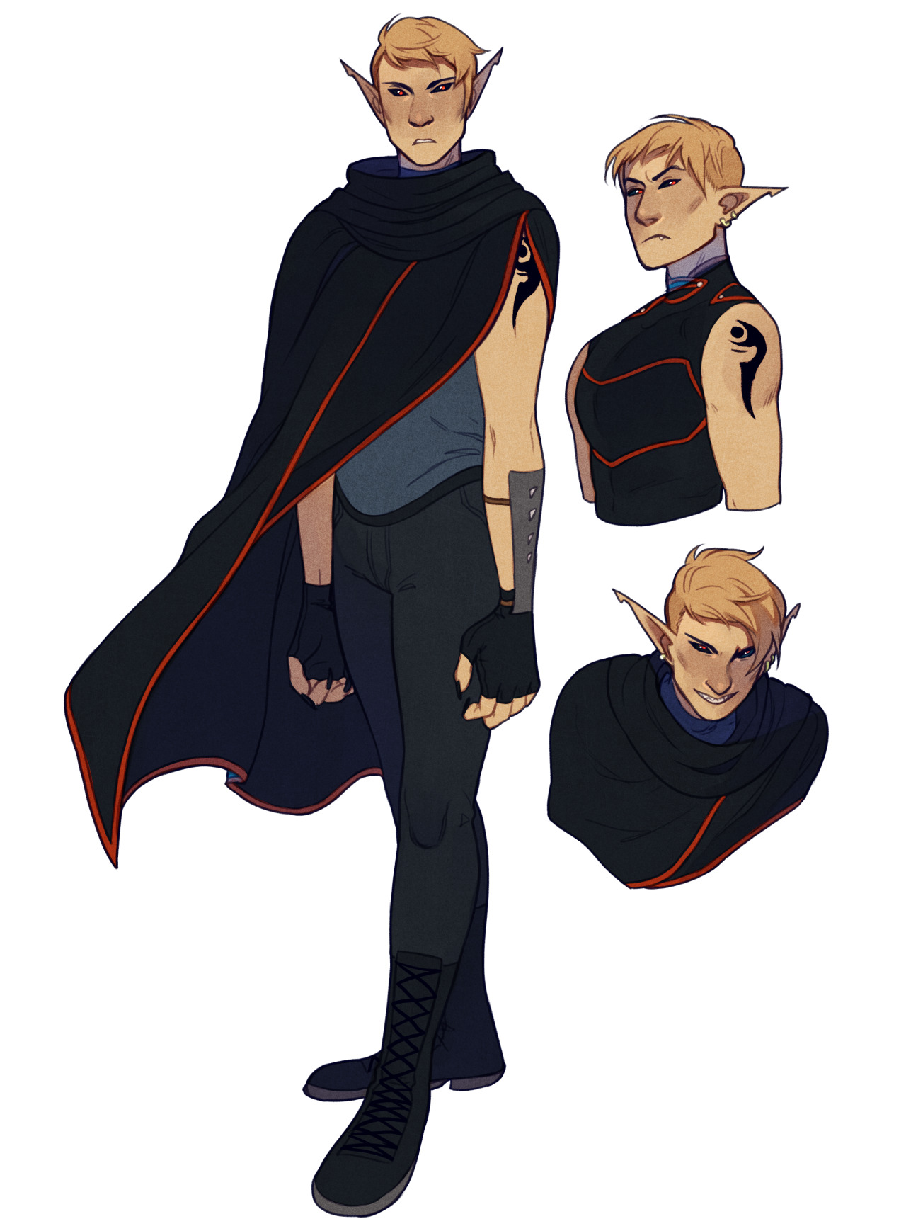 the image shows a digital character design of a young adult male elf. he has short blond hair, pointed ears, and a stern expression. he is wearing a dark blue sleeveless shirt, black pants, black fingerless gloves, black boots, and a black cape with red trim. he has a black tattoo on his upper left arm and a metal bracer on his left forearm. the image includes three views of the character: a fullbody front view, a headshot from the side, and a headshot from a slightly lower angle.