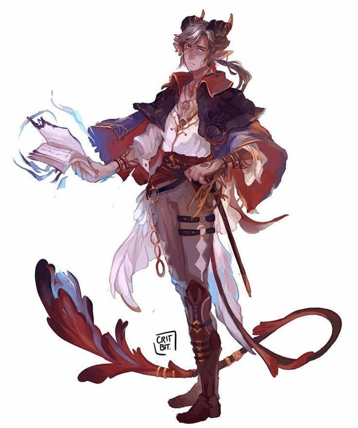 a digital illustration of a male character with horns and a tail holding a book with magic flowing out of it.  the character is wearing a cape and pants and is holding a sword.  the character looks like he is casting a spell or performing magic.