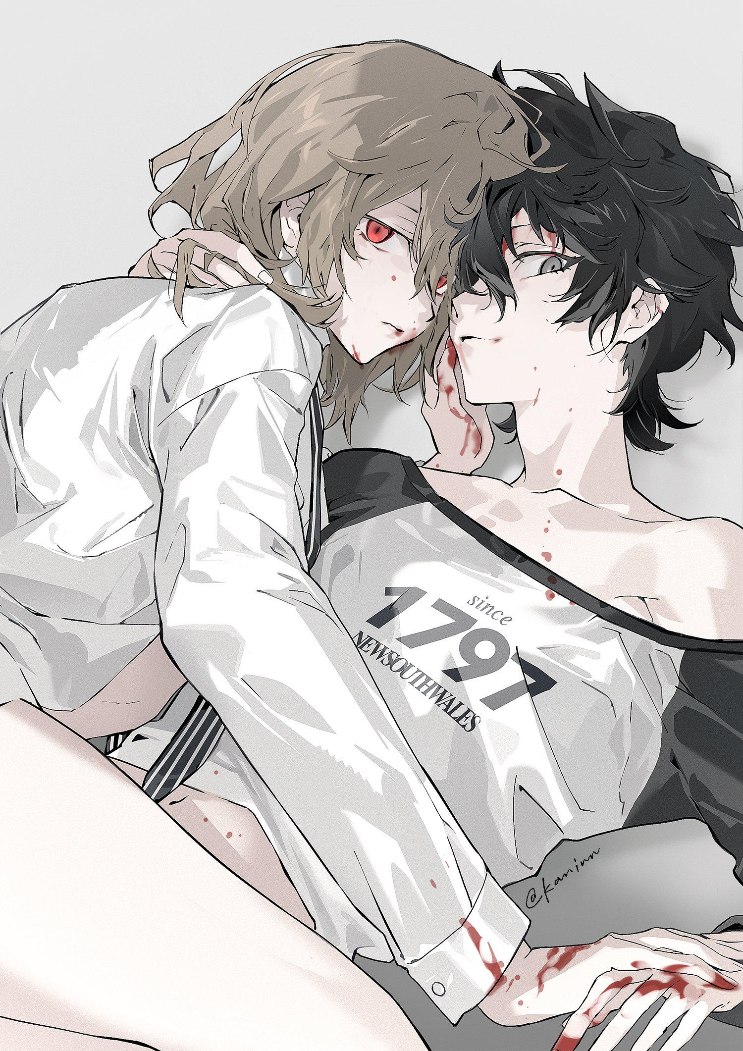 this is an anime style image. it shows two people, one in white clothing and the other in black clothing with a white shirt with a