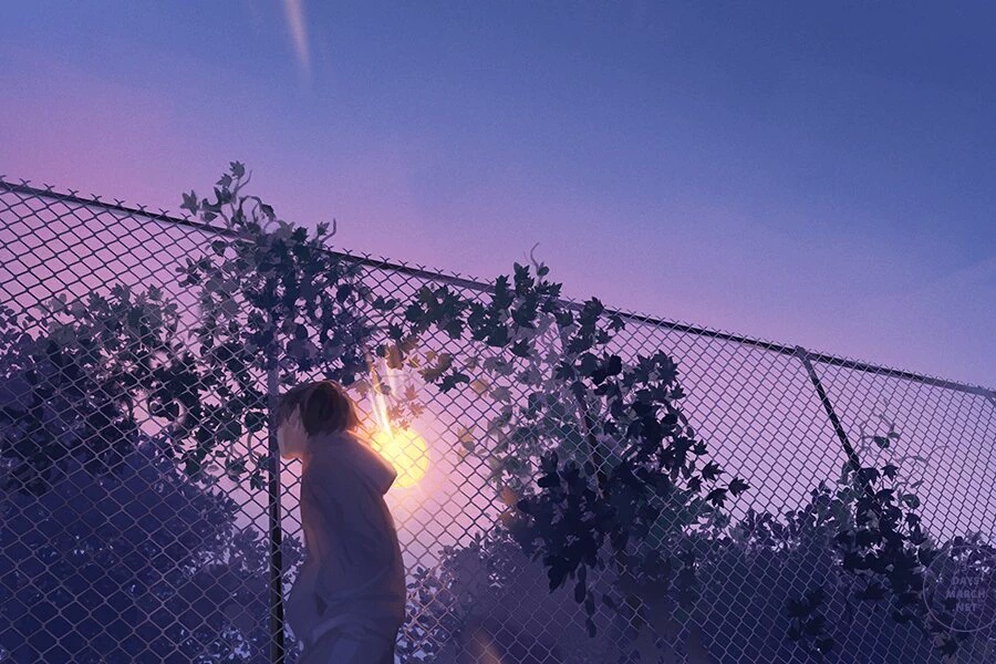 the image showcases a young man with short, dark hair, wearing a white hoodie, standing by a chainlink fence. he is looking down, possibly lost in thought.  the setting sun behind him bathes the scene in a warm, golden glow, contrasting with the cool, purple tones of the twilight sky.  trees and foliage partially obscure the fence, adding depth and a sense of seclusion to the composition.