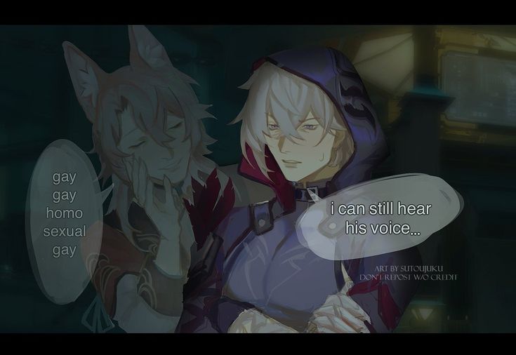 he image is a digital fanart depicting two animestyle male characters. one has fox ears and is wearing a red and gold outfit.  the other has white hair and is wearing a dark hooded cloak. they are in a close embrace or sitting next to each other with the foxeared character looking fondly at the other. speech bubbles with text indicating a romantic/sexual relationship ("gay," "homo," "sexual") are featured, along with a bubble stating "i can still hear his voice..." the background is dark and shadowy. the artist's signature and a credit request are visible in the bottom right corner. the overall style is suggestive of a romantic scene between the two characters.