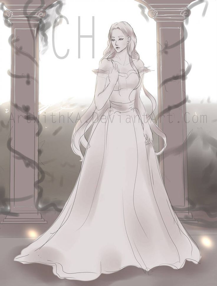 the image is a digital illustration of a woman in a white wedding dress. she is standing in front of an ornate archway, with vines and leaves climbing up the pillars. the woman has long, flowing hair and is wearing a simple, elegant dress. the background is soft and blurred, creating a dreamy and ethereal atmosphere. the image is a beautiful and romantic depiction of a bride, and it is likely to be used for a variety of purposes, including wedding invitations, scrapbooking, and digital art projects.