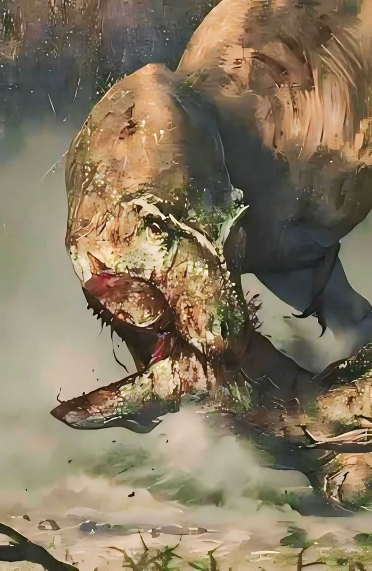 a digital painting depicts a monstrous, tyrannosaurus rexlike creature in a swampy, misty landscape. the dinosaur is covered in moss and scales, giving it a somewhat overgrown appearance. it has a fierce and aggressive look, with its mouth open, displaying sharp teeth, suggesting it's a predator on the hunt. the foggy atmosphere adds to the overall menacing and fantasylike quality of the artwork.