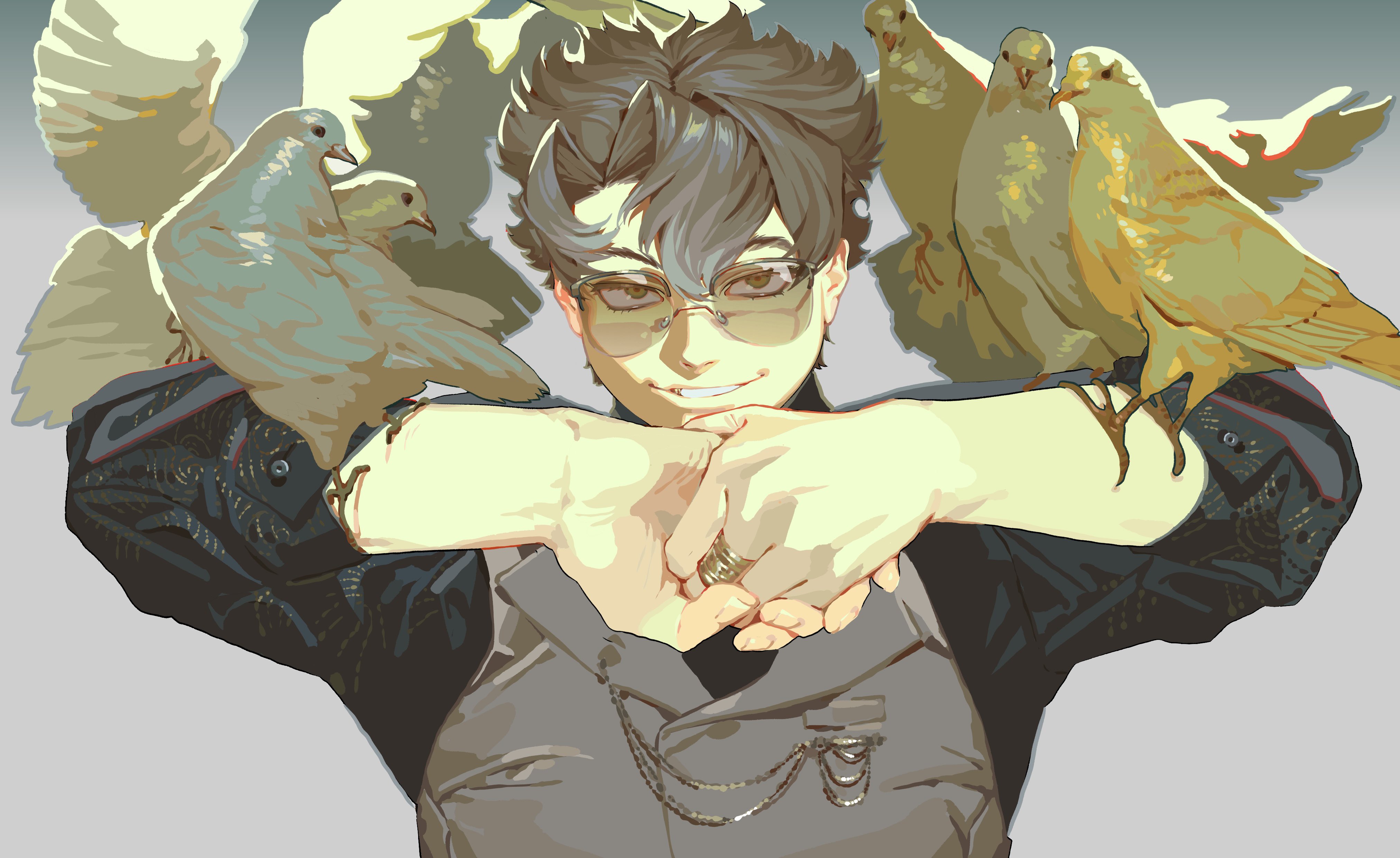 an anime style illustration of a man with gray hair, glasses, and a smirk. he's wearing a black suit jacket and vest, and a ring on his finger. several pigeons are perched on his arms and shoulders.