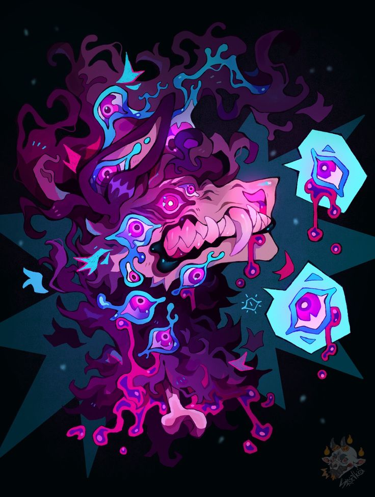 the image is a digital illustration of a fantastical creature. the creature appears to be a stylized canine or wolflike entity with a chaotic, almost melting appearance.  its fur or hair is a blend of dark purples and pinks, with numerous eyes embedded within the mass.  these eyes are vibrant and glowing, and some seem to be dripping or melting, similar to the creature's form.  there are several floating, eyeshaped objects emitting light around the creature, further enhancing the surreal, psychedelic atmosphere.  the creature's expression is fierce and menacing, with sharp teeth visible. the style is highly stylized and detailed, combining organic and abstract shapes to create a visually striking and unsettling piece.  the background is dark, with a starburst pattern accentuating the creature. the artist's signature, "zentko," is visible in the bottom right corner.