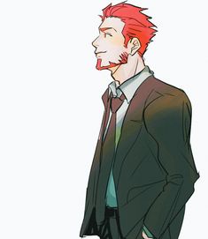 a colored sketch of a man from the side. he has red hair and a beard and is wearing a suit jacket and tie.