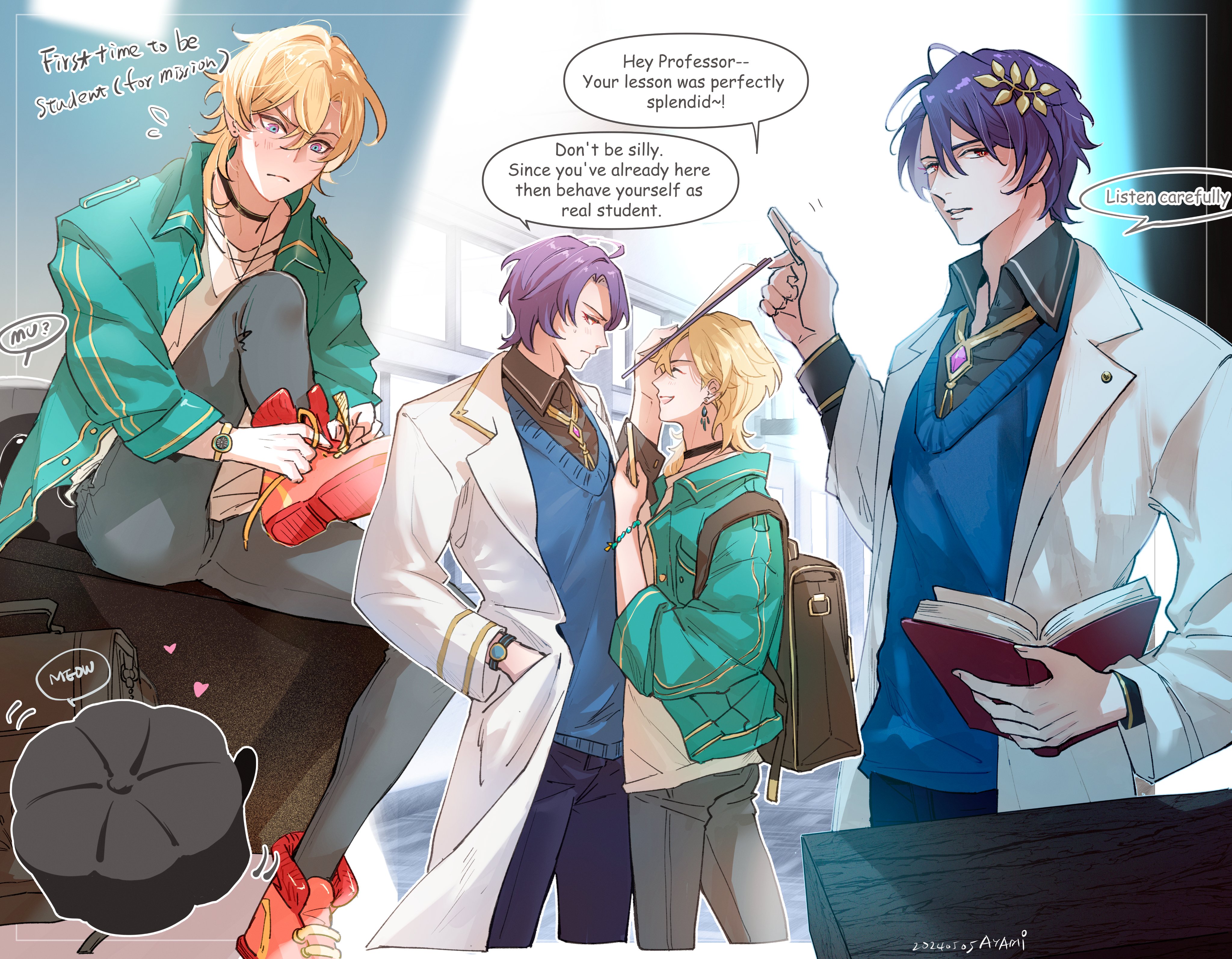 this is a brightly colored animestyle illustration of a young man dressed in a white lab coat with purple sleeves and a blue sweater underneath being a teacher to three students. the teacher is holding a red book, smiling, and saying "listen carefully!"  the other three students are wearing casual clothing, and one of them is  taking off his shoes.  a speech bubble above the teacher says "hey professor  your lesson was perfectly splendid!". another speech bubble is pointing to the teacher, saying "don't be silly. since you've already here then behave yourself as real student". the image appears to be set in a school setting, perhaps a classroom.