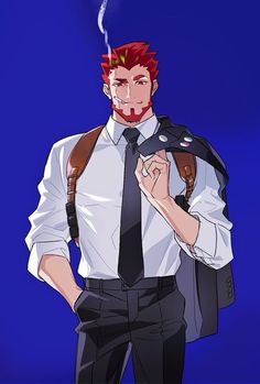 a redhaired anime man in a white dress shirt, dark tie, and black pants stands with a confident smirk on his face. he holds a cigarette in his right hand, and his left hand is casually tucked into his pocket. he wears a shoulder holster under his suit jacket, which is slung over his shoulder. the background is a solid blue, and the lighting is soft, giving the image a cool and stylish vibe.
