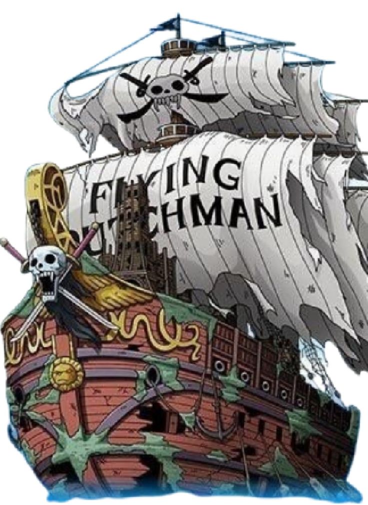 this is a detailed illustration of the flying dutchman, a pirate ship from the popular anime and manga series, one piece. the ship is depicted as a large, weathered galleon with tattered sails.  its jolly roger is prominently displayed, featuring a skull with crossed swords. the ship's hull shows significant damage and is covered in patches of green and brown, suggesting age and decay. the name "flying dutchman" is clearly visible on the sails. the overall style is consistent with the artistic representation of the one piece universe.  the image is presented against a white background, allowing for clear visibility of the ship's details.