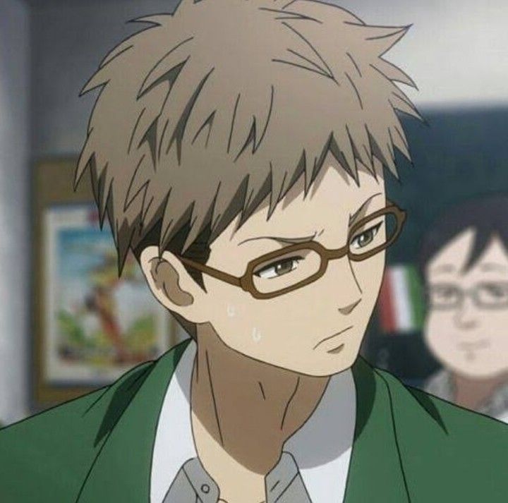 a closeup portrait of an anime boy wearing glasses and a green jacket. he has brown hair, and he's looking down and to the right with a neutral expression.