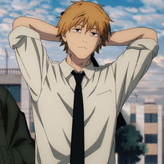 a young, fairskinned anime man with messy orange hair and tired eyes stands with his hands behind his head, gazing into the distance. he's dressed in a white buttonup with a slightly crumpled black tie loosely done around his neck, and what appears to be a black strap slung across his back, peeking out from under his shirt. the sky behind him is a mix of blue and white, with the top of a building visible in the background.