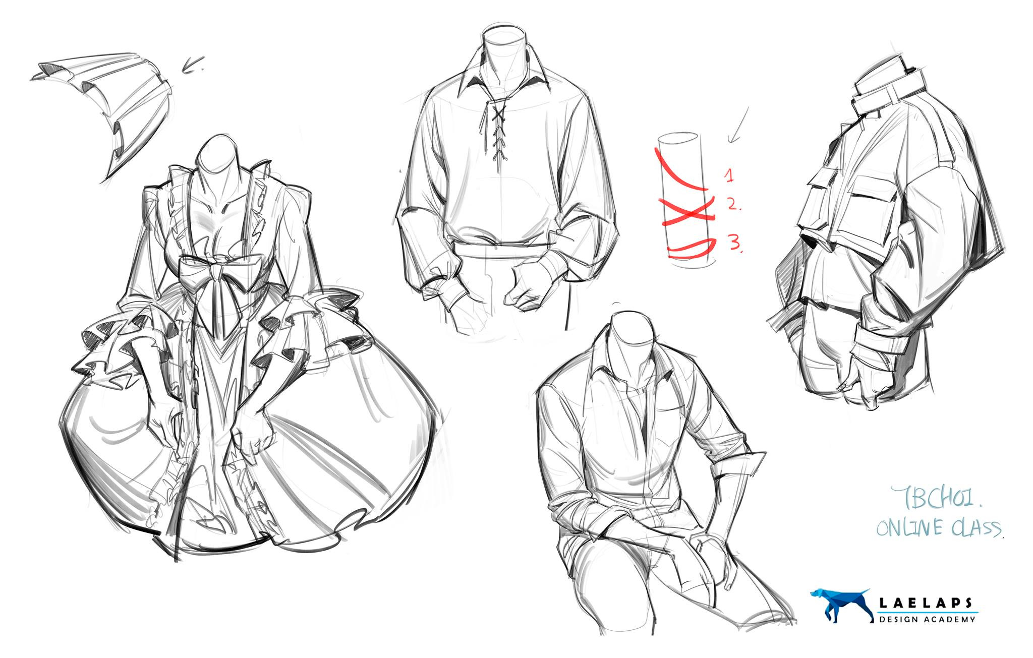the image contains several fashion design sketches focusing on the depiction of clothing folds and fabric drape.  there are sketches of various garments, including a rococostyle dress, a piratestyle shirt, a modern jacket, and a buttondown shirt on seated figures.  the sketches are in pencil and exhibit dynamic linework, showing the movement and form of the clothes.  a simplified cylinder with lines indicating layers is shown to demonstrate volume and form. the sketches are labeled as part of an online class by tbchoi at laelaps design academy.  the style is loose and expressive, focusing on capturing the essence of form and drape rather than precise detail.