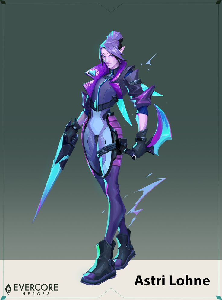 the image showcases a fullbody illustration of astri lohne, a female character from the video game evercore heroes. she has elven features, and wears a futuristic, cyberpunkstyled outfit dominated by shades of purple and teal.  her attire includes a sleek suit, glowing accents, and what appears to be a pair of bladed weapons. the style is highly stylized with sharp lines, dynamic posing, and neonlike coloring.  the background is a muted greygreen, allowing the vibrant character to stand out prominently.  the evercore heroes logo is visible in the bottom left corner, along with her name, “astri lohne,” in the bottom right.  the overall aesthetic blends elements of fantasy and science fiction.