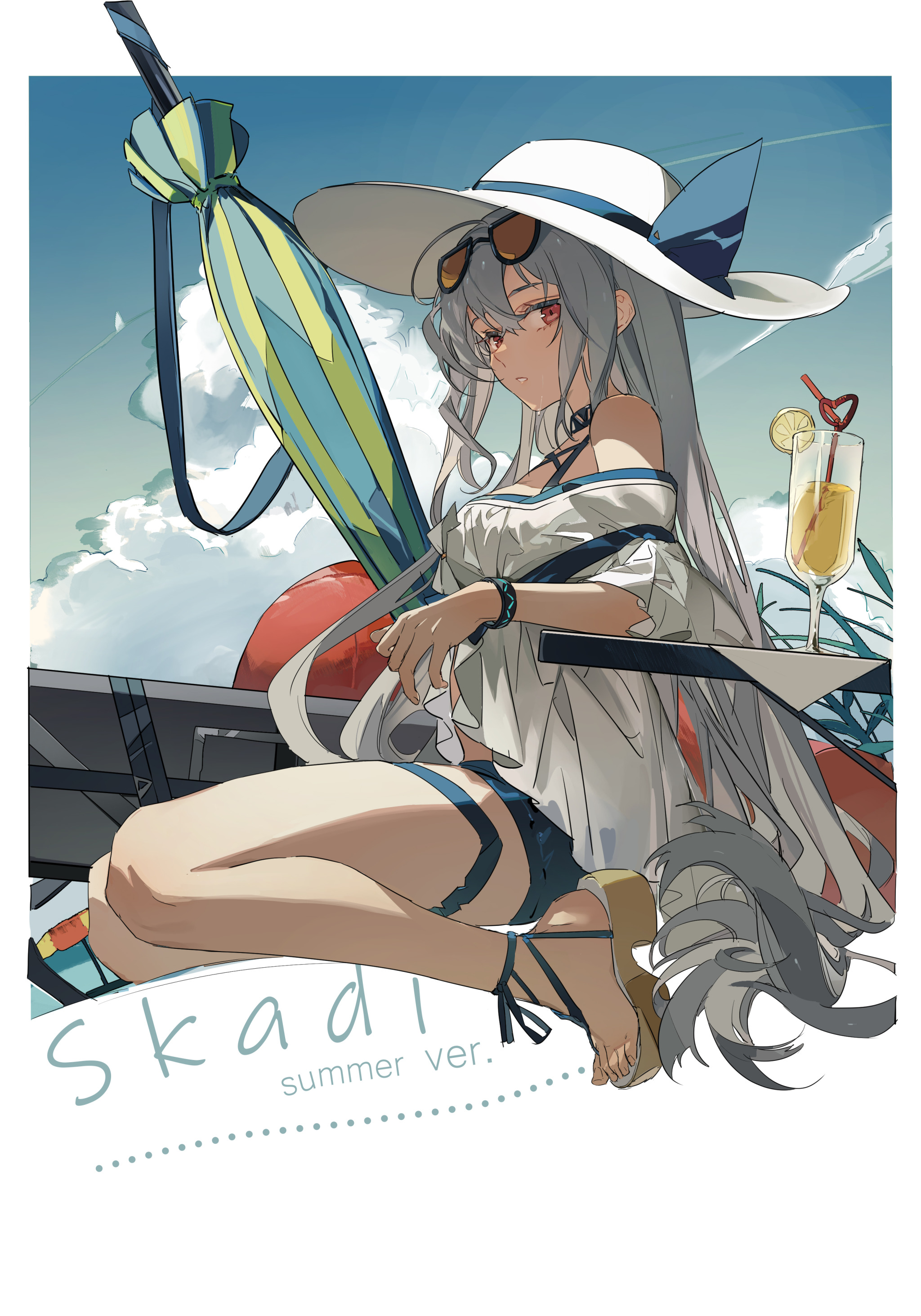 the image is a full shot of an anime girl named skadi in her summer version. she is wearing a white summer hat with sunglasses on it and a blue bow. she is also wearing a white summer dress and a blue swimsuit. she is sitting on a beach chair with a beach umbrella and a cocktail next to her. the background is a blue sky with white clouds. the text "skadi summer ver." is at the bottom of the image.