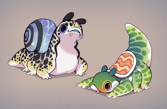 the image shows two cartoon creatures that appear to be hybrids of lizards and snails. one is predominantly white and tan with black spots, with a large, patterned snail shell on its back. the other is green with similar markings and a smaller shell featuring orange and white wavy lines. they both have lizardlike bodies and faces, and appear to be standing or crawling on a plain surface.