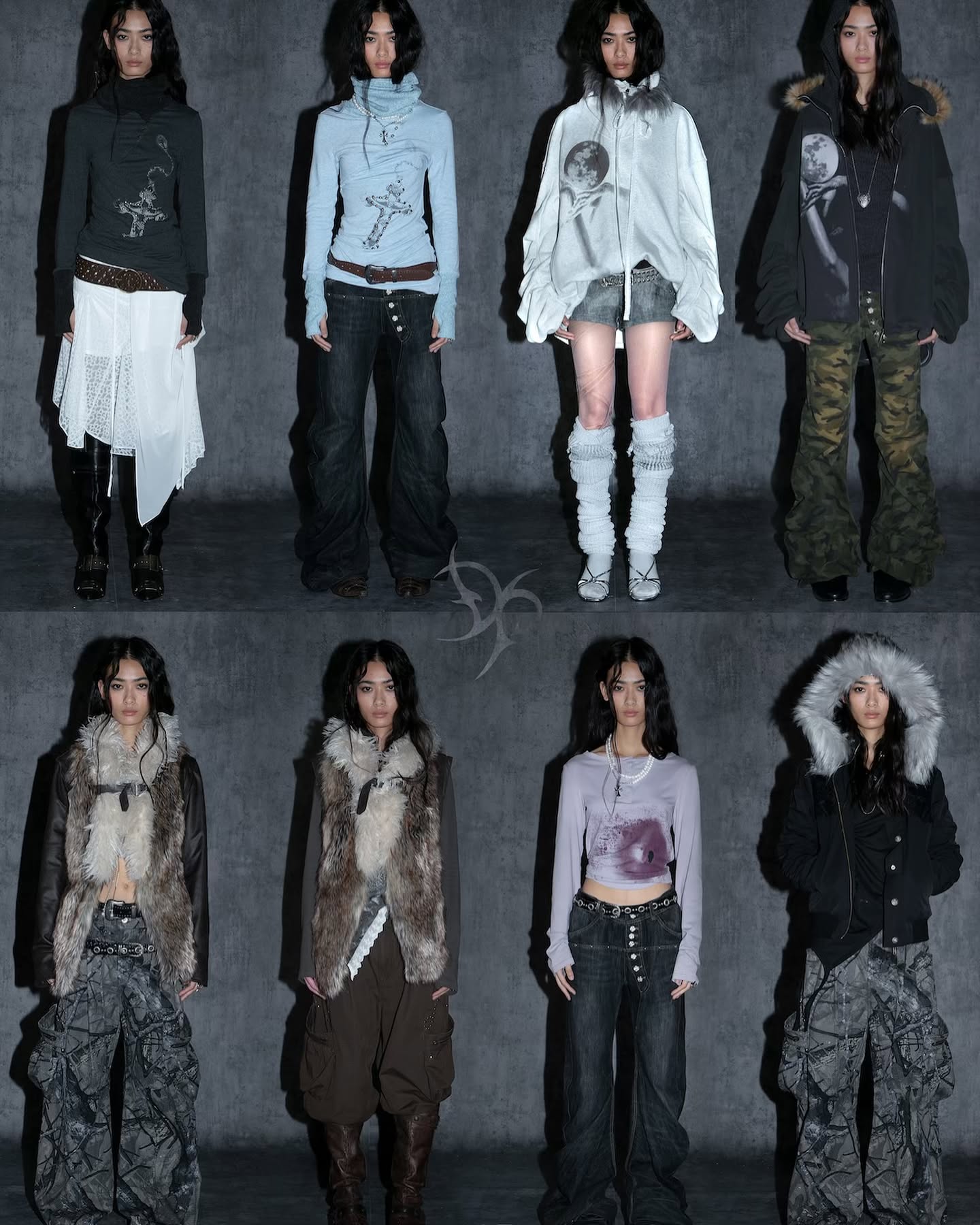 collage featuring ten female models showcasing different styles of clothing. each model is posed against a dark grey backdrop, creating a unified, moody aesthetic. the clothing styles vary, ranging from grungeinspired outfits with layered pieces and dark colors to more tailored looks with lighter colors.  the overall vibe is alternative and edgy.  the models are stylish and present a diverse selection of clothing choices, all within the same general aesthetic.