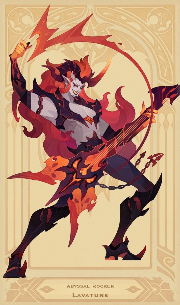 a digital illustration of a demon rocker named lavatune. he is posed against a cream background with art nouveauinspired borders. he is holding a flaming guitar and has red, fiery hair and skin tones. the art style is graphic and stylized.