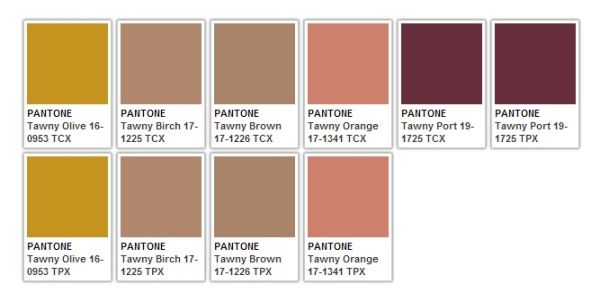 the image shows a set of pantone color swatches with various "tawny" shades including olive, birch, brown, orange, and port, identified by their respective pantone codes and tcx/tpx designations.