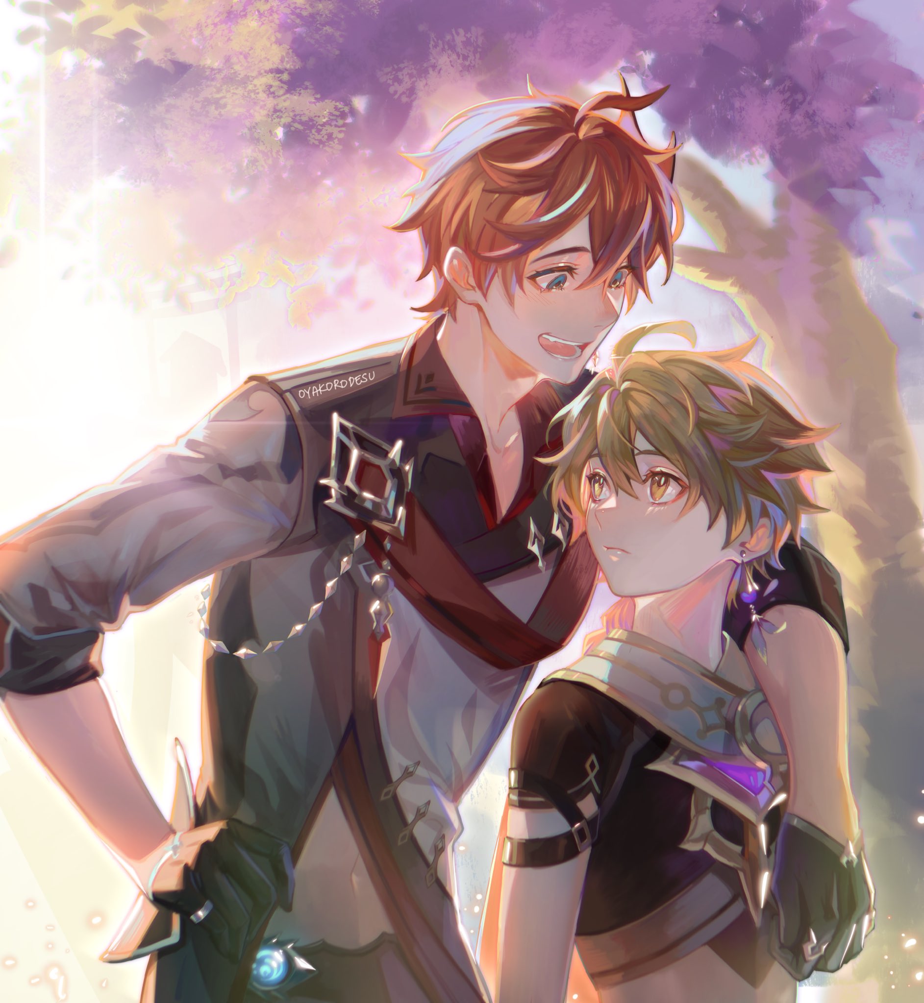 the image is a digital illustration of two anime boys, standing close to each other, hugging and looking at each other with affection. the boy on the left has brown hair and is wearing a lightcolored shirt with a dark vest, and the boy on the right has blond hair and is wearing a dark shirt. both boys are smiling, and the background is a soft, pink and purple landscape with flowers. the image depicts a romantic and loving relationship between the two boys.
