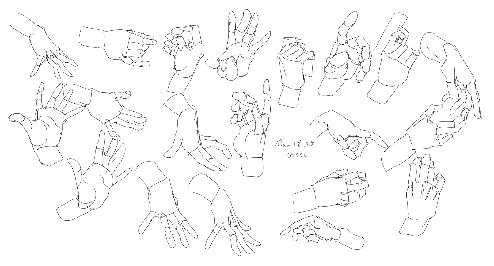 the image is a line art sketch of multiple hands in various positions. some hands are open, some are clenched in a fist, and some are in other gestures. the drawings are anatomical and show the structure of the hands. there's a note on the page that says "mar 18,25, 30 sec", indicating the date and that the sketches were made in 30second increments.