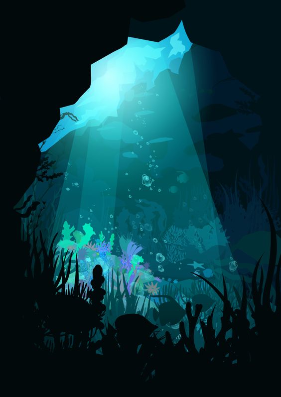 this illustration shows the inside of an underwater cave, with the entrance to the cave above.  sunlight streams in through the opening, illuminating the reef scene below.  the silhouettes of coral, fish, and seaweed are visible in the light.  bubbles rise from the bottom to the top of the image.