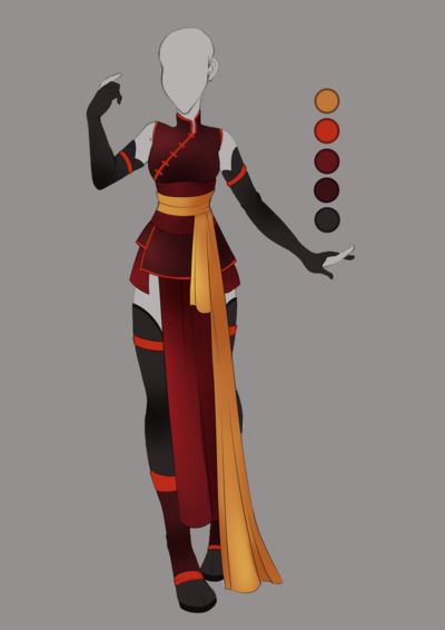 this is a digital illustration of a female anime character wearing a red and black outfit with a yellow sash. the outfit is inspired by chinese clothing and features a long sleeve top, a flowing skirt, and boots. the character has black hair and is standing in a pose that suggests confidence and power.
