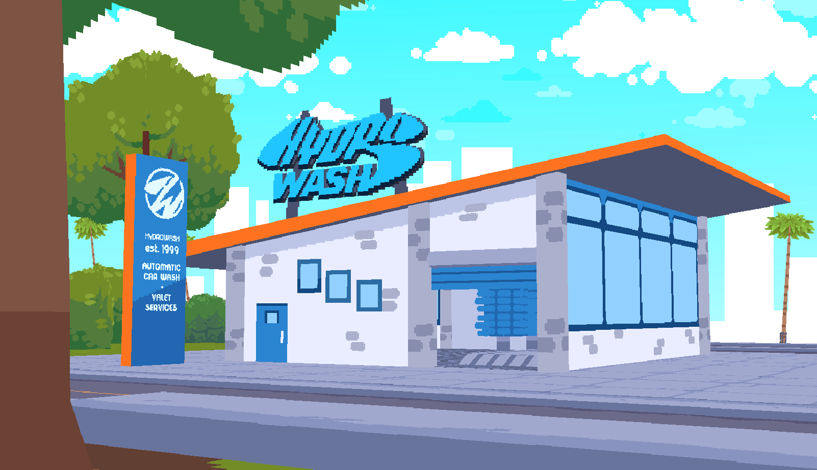 this is a pixel art illustration of a carwash building on a sunny day. the building is white with blue trim and a large "hydro wash" sign on top. there is a blue sign on the left side of the building that lists the services offered. there are two palm trees on the right side of the image and a tree on the left. the sky is blue with white clouds.