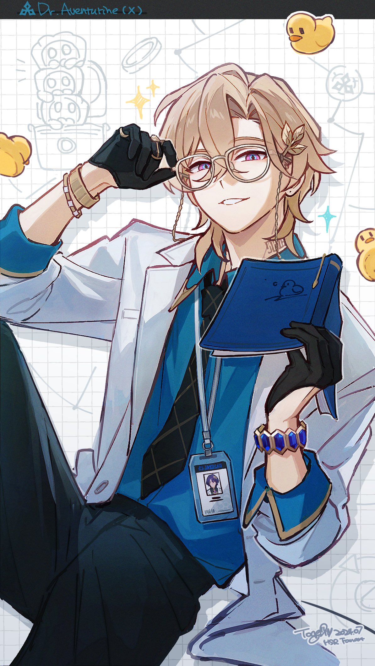 an animestyle illustration of a character named dr. aventurine. he is wearing a white lab coat over a blue shirt and black tie. he has blond hair, violet eyes, and is wearing glasses. he is also wearing black gloves, rings, and bracelets. in his hand, he is holding a blue notebook. he has a gold leaf hair clip in his hair. the background includes cartoon ducks and other symbols. he is sitting on something wearing black pants and an id badge hangs from his shirt.