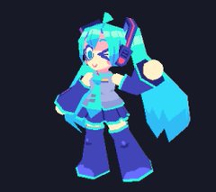 a pixel art depiction of hatsune miku, a popular vocaloid, posing in a dynamic stance with a wink and a peace sign. the style is reminiscent of classic video game sprites.