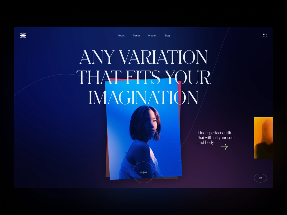 the image is a screenshot of a website. the website is designed in a dark blue color scheme and is promoting fashion, clothing, and style. the image features a beautiful woman with short black hair who is wearing a white shirt. there is text on the website which says "any variation that fits your imagination," and it encourages viewers to find an outfit that suits their style. the website also has a section on finding the perfect outfit that will fit the soul and body.