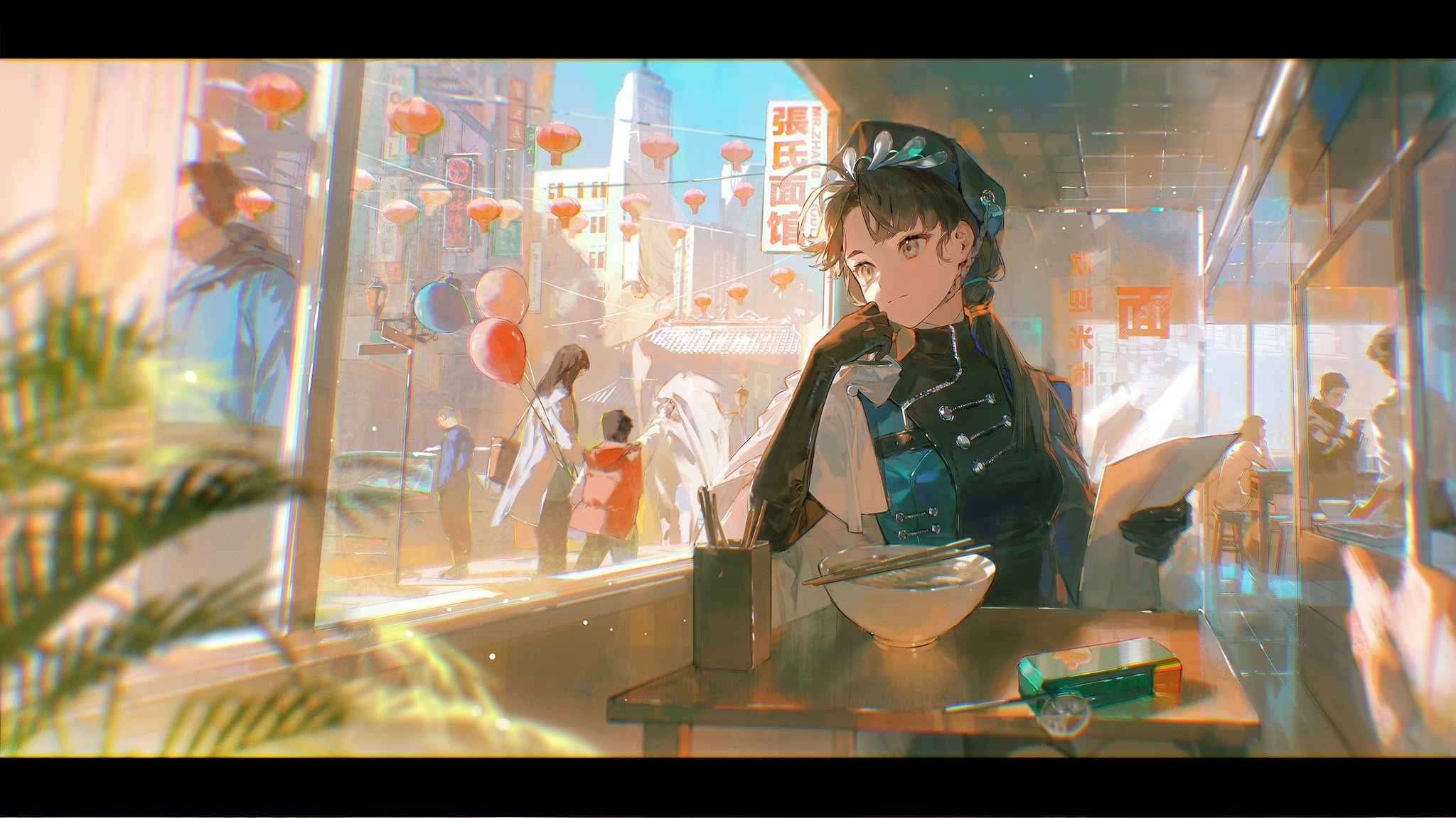 the image is a digital painting or illustration depicting an animestyle young woman sitting at a table inside a restaurant or cafe. she appears to be of asian descent, wearing a stylish dark blue and teal uniform or outfit with a dark cap, and black gloves. she has brown hair and is looking slightly to her right.  she holds a document or paper, and a bowl of noodles sits in front of her. the setting is vibrant and suggestive of a bustling chinese city street, visible through the large window behind her. red lanterns and balloons add to the festive atmosphere. the overall style is soft, painterly, and colorful, with a dreamy, almost nostalgic quality. other people are visible in the background, blurred and less detailed, suggesting a busy street scene. the scene is rich in visual details that convey both the setting and the character's mood.