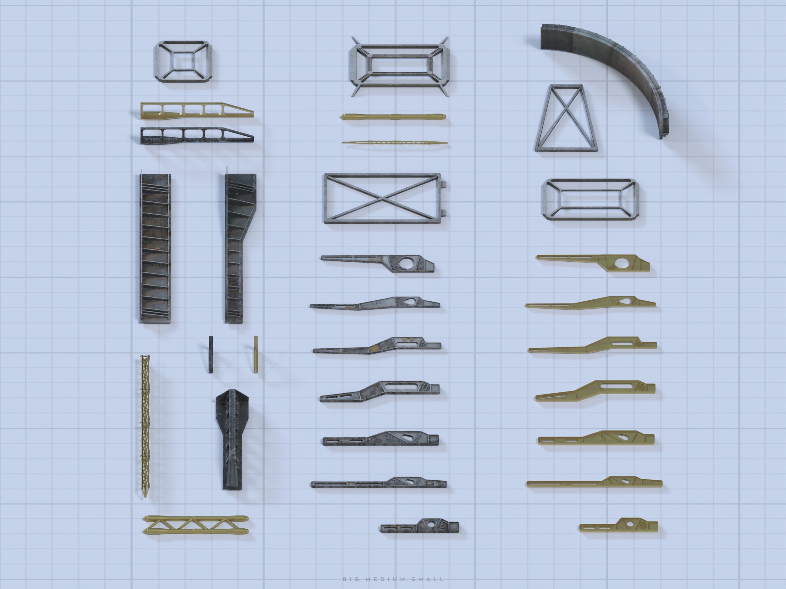 the image shows a collection of 3d rendered models of various metal bridge parts and components.  they are arranged on a gridded background that resembles a blueprint or technical drawing. the parts are of different sizes and shapes, suggesting they could be used in a modular construction system. the overall aesthetic is industrial and mechanical. the scale is indicated as "big, medium, small" suggesting that these are parts for different sizes of structures.