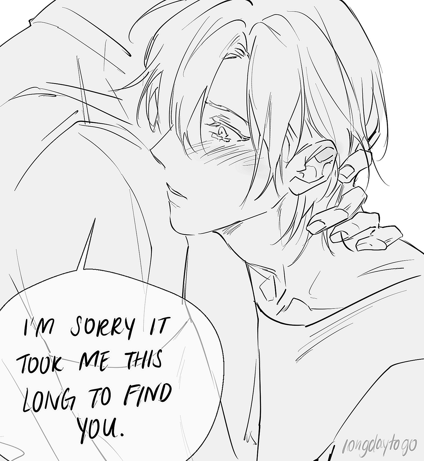 a black and white mangastyle drawing depicts a tender embrace between two men. one man's hand gently rests on the other's neck, while a speech bubble emerges from the image containing the words, "i'm sorry it took me this long to find you."  the style is expressive and emotional, conveying a sense of longing and reconciliation. the background is minimalist, focusing attention on the characters and their intimate interaction.  the overall mood is romantic and heartfelt.