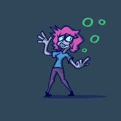 a cartoon drawing of a girl with pink hair and glasses dancing against a dark blue background. she has a big smile and her hands are up in the air, as if she's having fun. there are three green circles floating around her head, adding to the playful and energetic feel of the image. she's wearing a blue shirt and purple pants. the style of the drawing is loose and expressive.