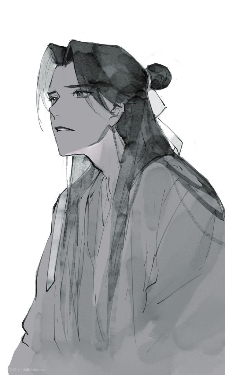 the image is a monochrome animestyle portrait of a young man with long dark hair tied up in a bun. he has a somewhat sad or pensive expression on his face. he is wearing a long, loosefitting robelike garment. the art style is loose and painterly, with visible brushstrokes and a soft focus.  the overall mood is melancholic and contemplative.