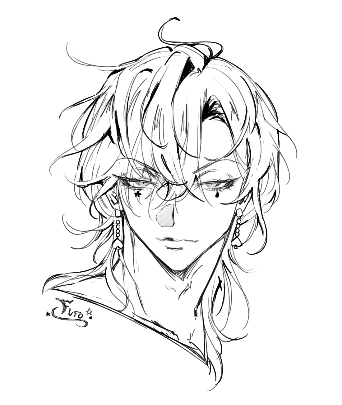 the image is a black and white line drawing or sketch of an anime or mangastyle young man.  the style is loose and expressive, characteristic of a quick sketch rather than a finished piece. he has long, wavy hair that partially obscures his face. his features are soft yet defined, with expressive eyes and subtly detailed hair. he is wearing earrings.  the artist's signature, "fuf0", is visible on the lower left.  the overall feel is elegant and slightly melancholic.