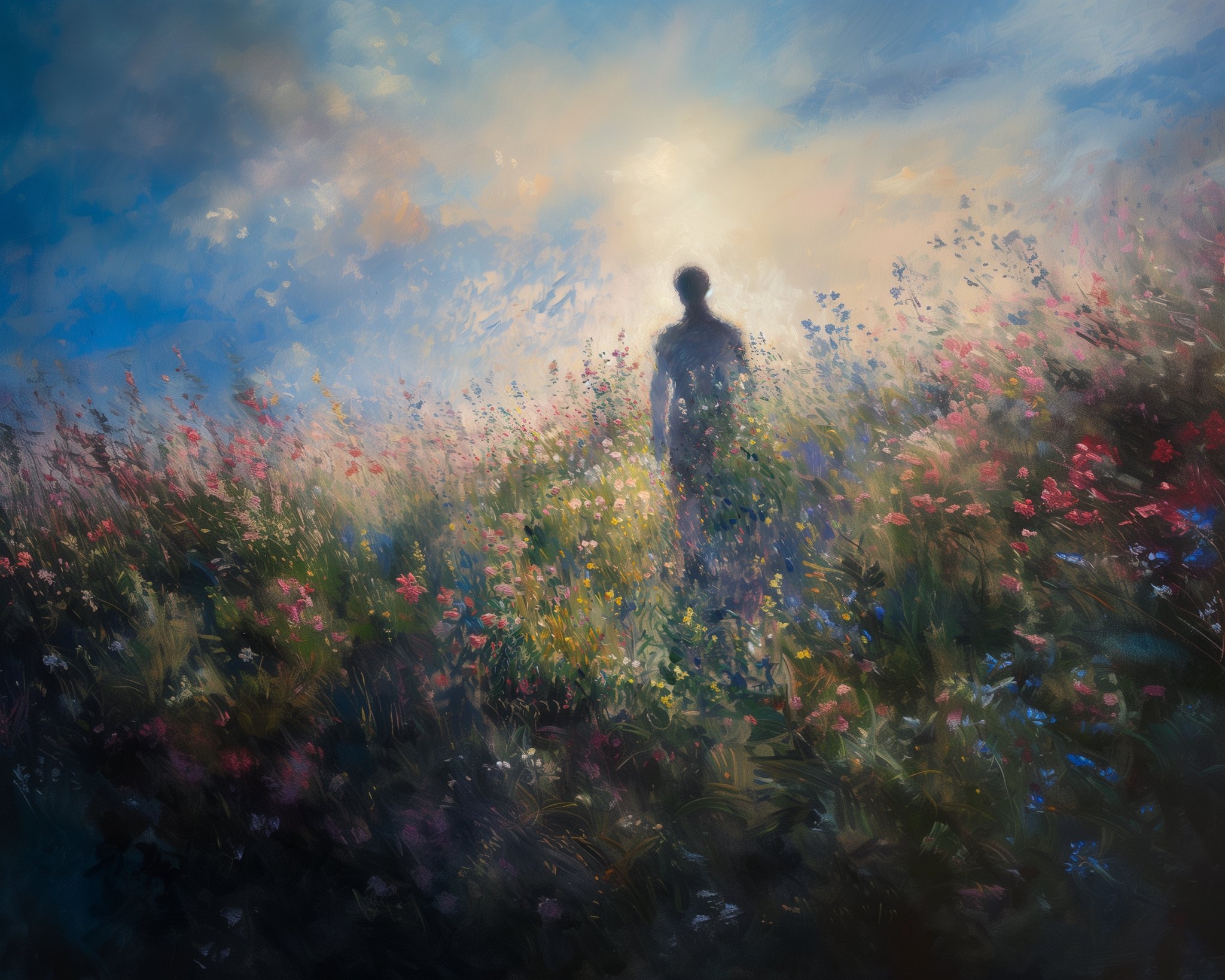 a lone figure, silhouetted against a softly glowing sky, walks through a vibrant field of wildflowers. the scene evokes a sense of peace and tranquility, with the figure potentially symbolizing a journey of selfdiscovery or a connection with nature.  the color palette is soft and ethereal, further emphasizing the mood of serenity and hope.